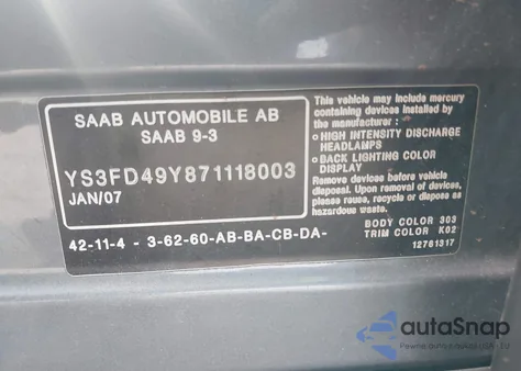 2007 Saab 9-3 2.0T from USA, damaged, VIN YS3FD49Y871118003